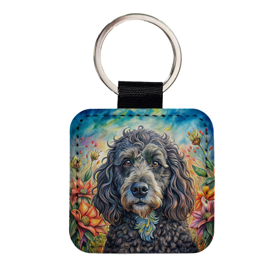 Portuguese Water Dog French Bohemian Art Square Faux Leather Keychain
