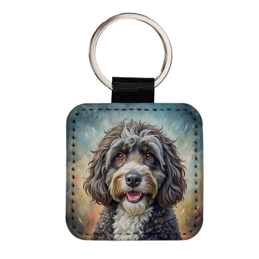 Portuguese Water Dog Illustration Square Faux Leather Keychain