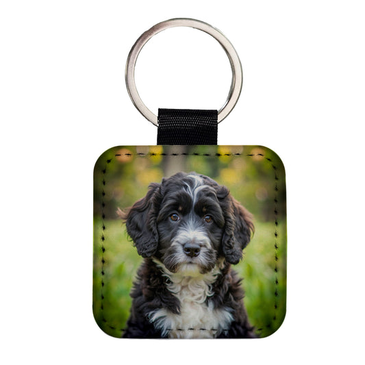 Portuguese Water Dog Puppy Photo Square Faux Leather Keychain