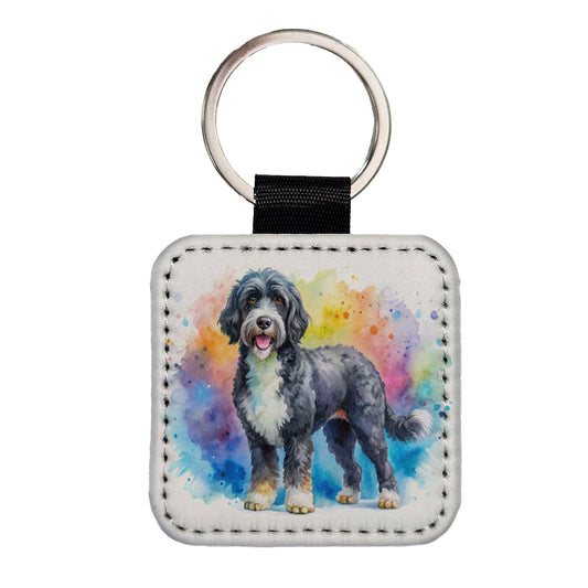 Portuguese Water Dog Watercolor Style Square Faux Leather Keychain