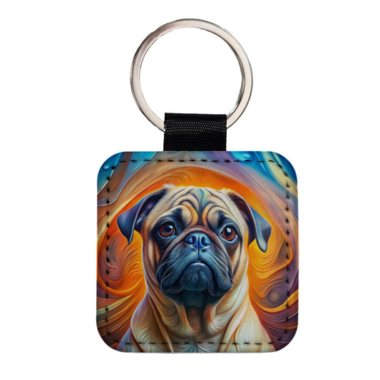 Pug Dog Abstract Art Square Faux Leather Keychain