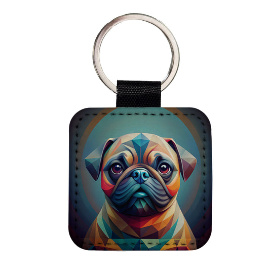 Pug Dog Abstract Stylized Art Square Faux Leather Keychain