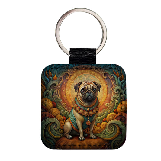 Pug Dog Art Nouveau Square Faux Leather Keychain
