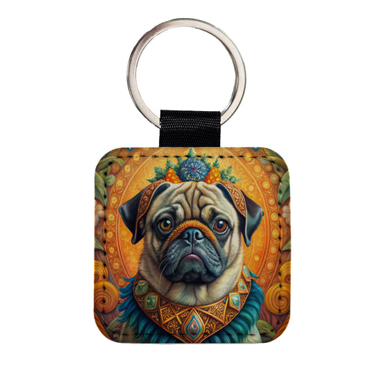 Pug Dog Bohemian Art Square Faux Leather Keychain