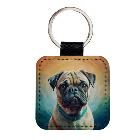 Pug Dog Contemporary Art Square Faux Leather Keychain