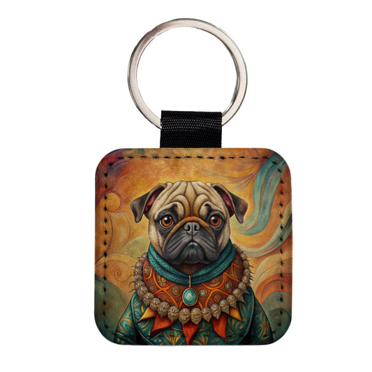Pug Dog French Bohemian Art Square Faux Leather Keychain