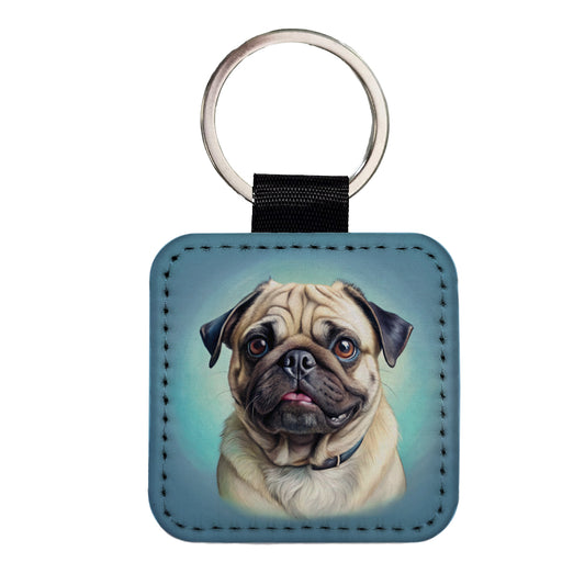 Pug Dog Illustration Square Faux Leather Keychain
