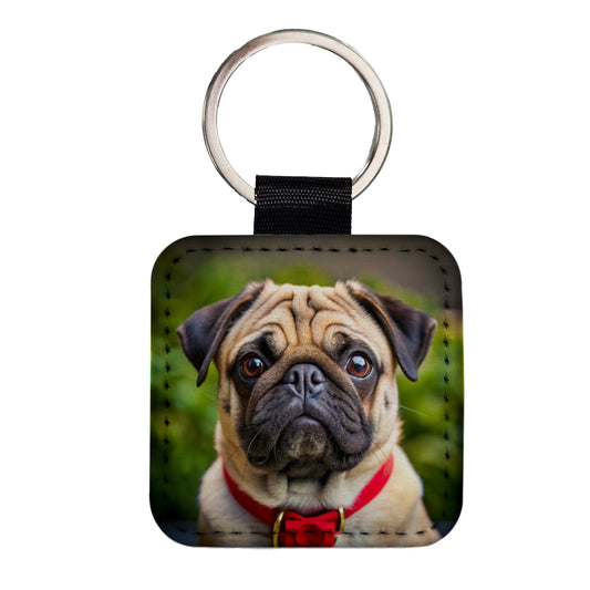 Pug Dog Photo Square Faux Leather Keychain