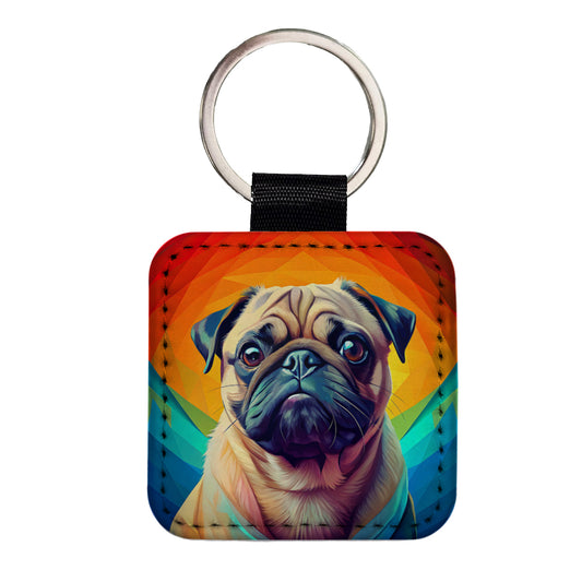 Pug Dog Pop Art Square Faux Leather Keychain