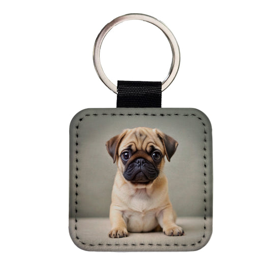 Pug Dog Puppy Photo Square Faux Leather Keychain