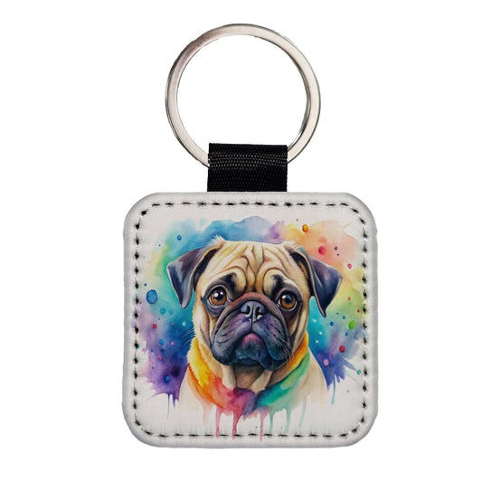 Pug Dog Watercolor Style Square Faux Leather Keychain