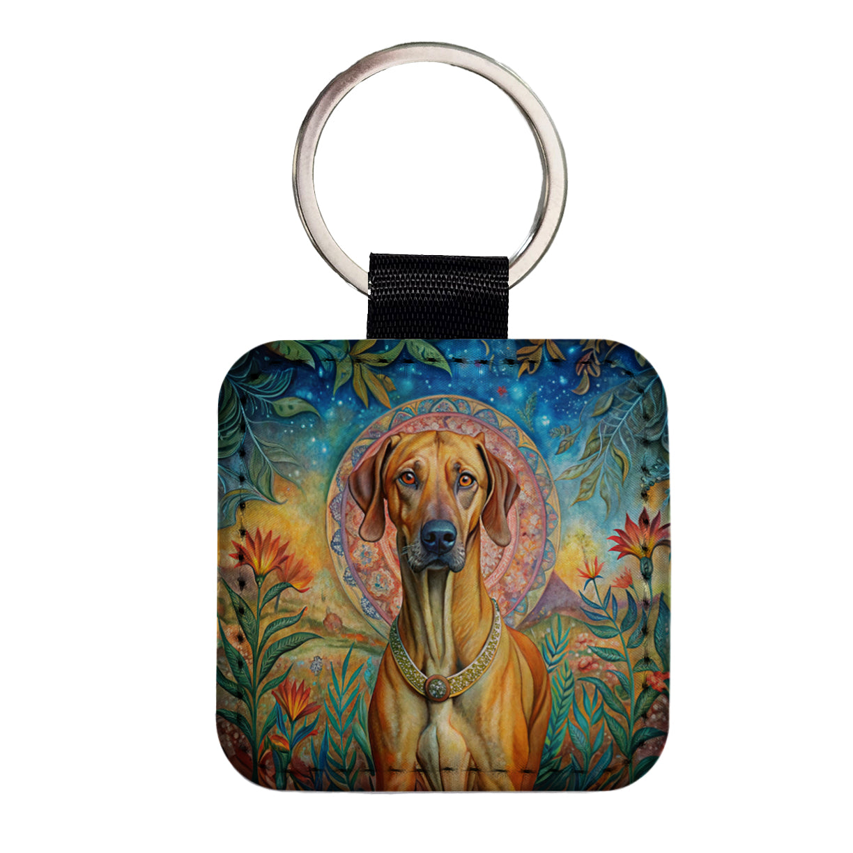 Rhodesian Ridgeback Dog Bohemian Art Square Faux Leather Keychain