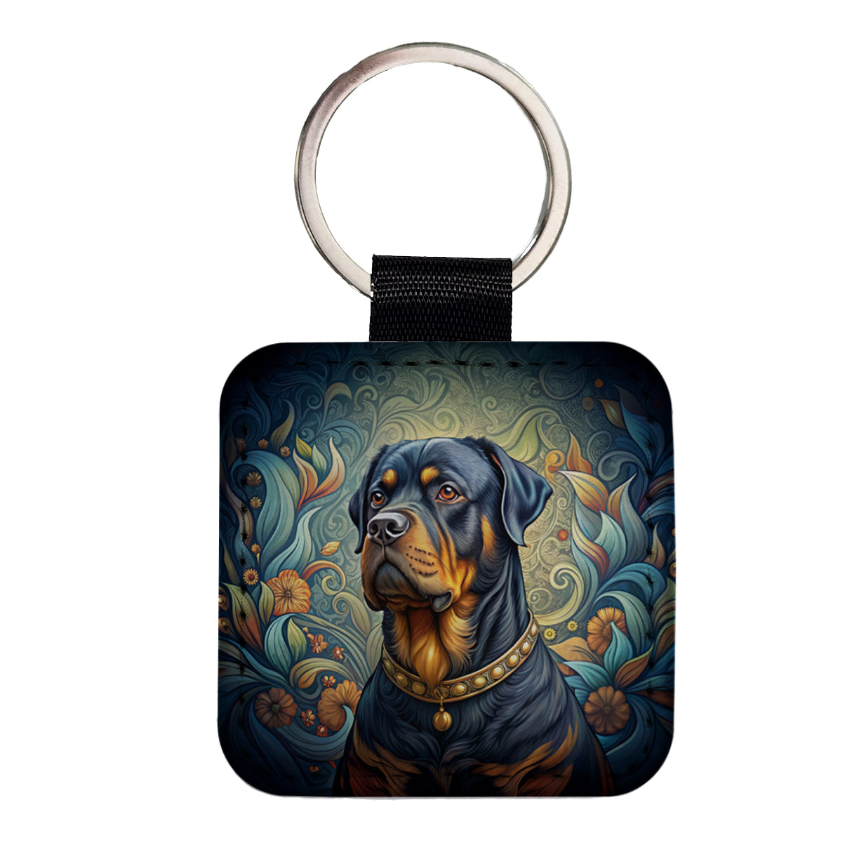 Rottweiler Dog Art Nouveau Square Faux Leather Keychain