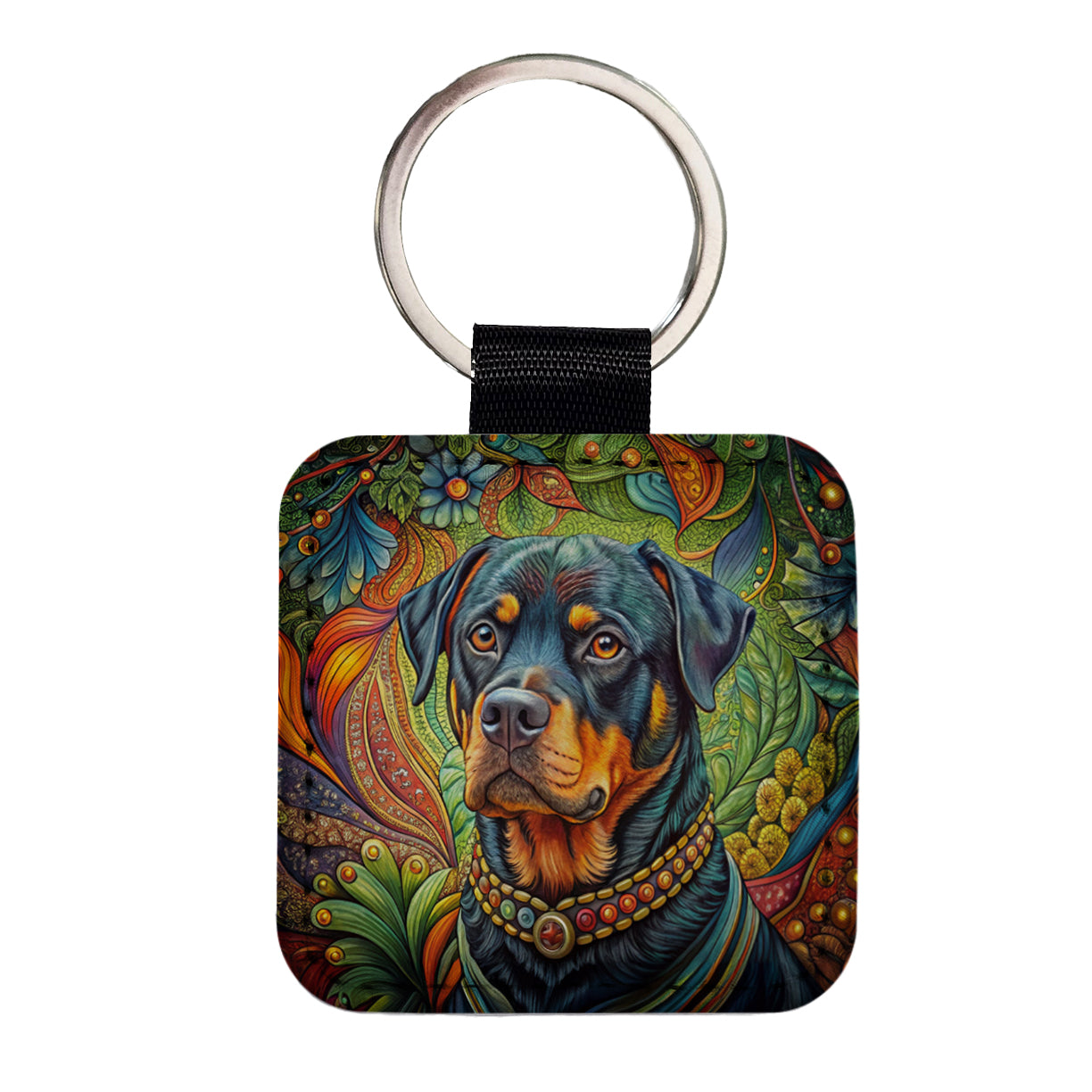 Rottweiler Dog Bohemian Art Square Faux Leather Keychain