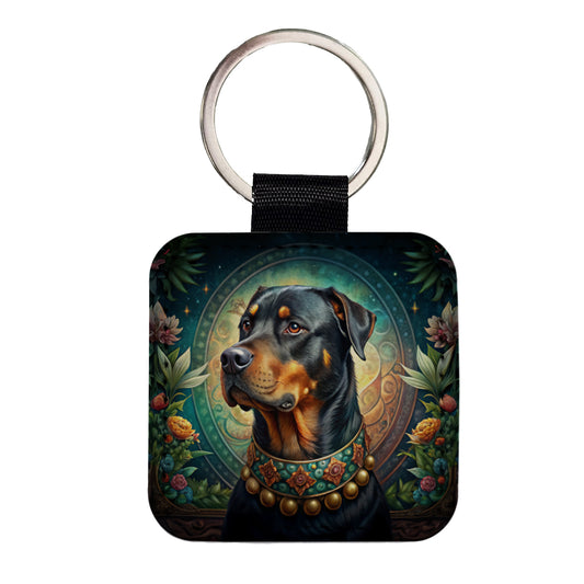 Rottweiler Dog French Bohemian Art Square Faux Leather Keychain