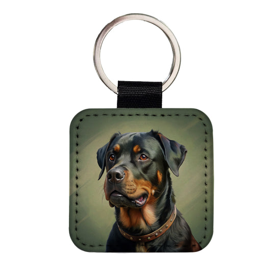 Rottweiler Dog Illustration Square Faux Leather Keychain