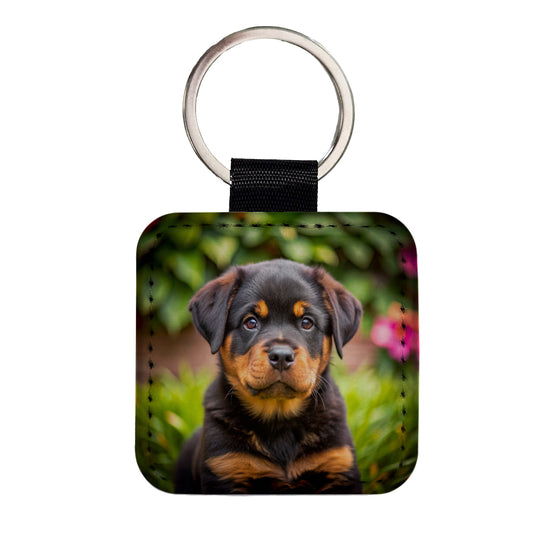 Rottweiler Dog Puppy Photo Square Faux Leather Keychain