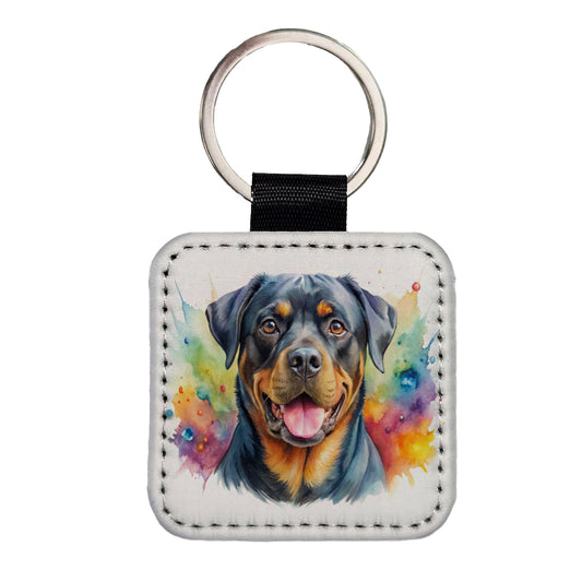 Rottweiler Dog Watercolor Style Square Faux Leather Keychain