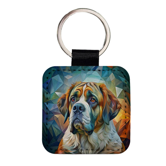 Saint Bernard Dog Abstract Art Square Faux Leather Keychain