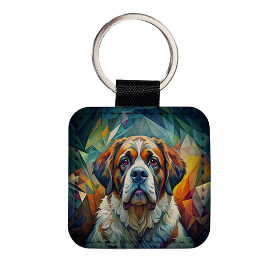 Saint Bernard Dog Abstract Stylized Art Square Faux Leather Keychain