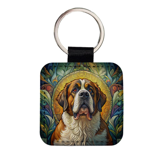 Saint Bernard Dog Art Nouveau Square Faux Leather Keychain