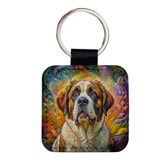 Saint Bernard Dog Bohemian Art Square Faux Leather Keychain