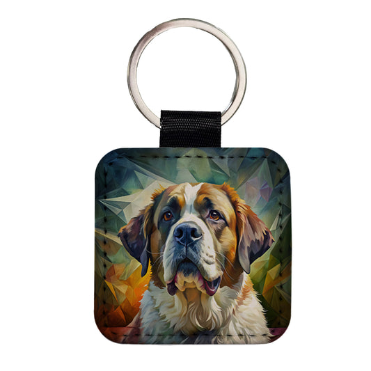Saint Bernard Dog Contemporary Art Square Faux Leather Keychain