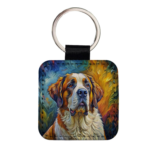 Saint Bernard Dog Expressionism Art Square Faux Leather Keychain