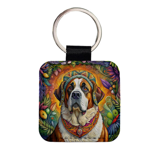 Saint Bernard Dog French Bohemian Art Square Faux Leather Keychain