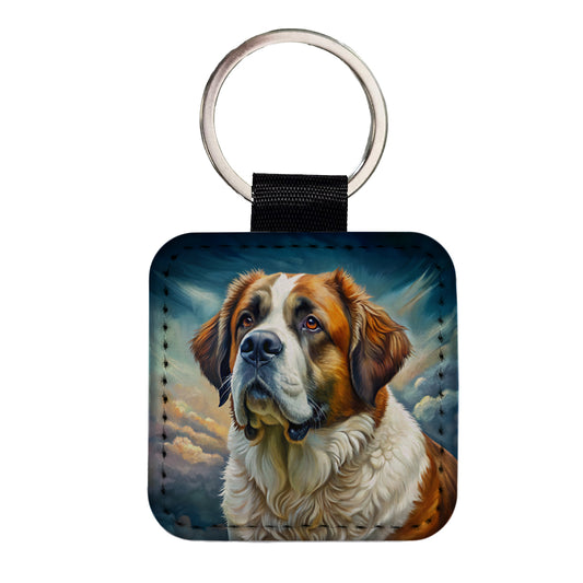Saint Bernard Dog Illustration Square Faux Leather Keychain