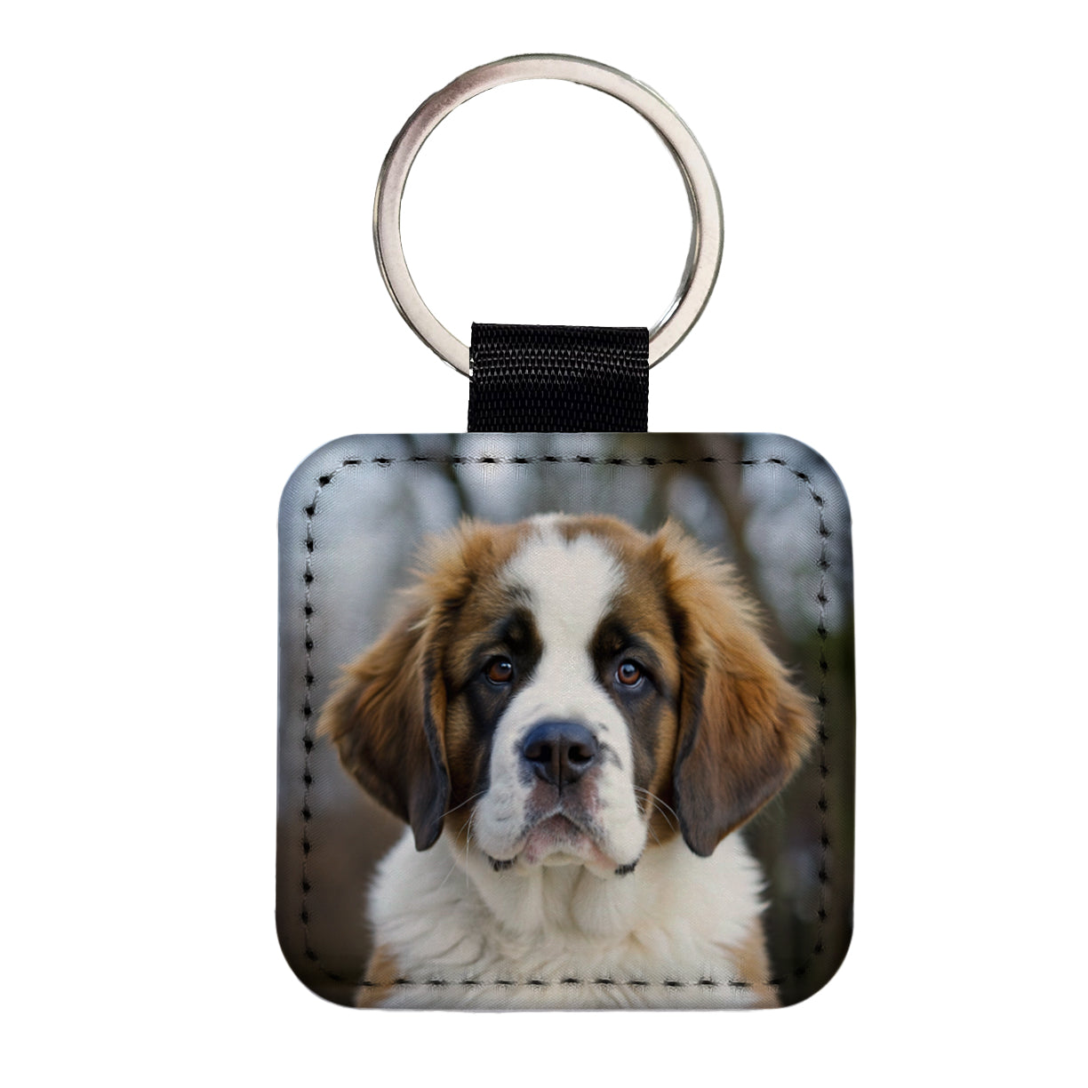 Saint Bernard Dog Puppy Photo Square Faux Leather Keychain