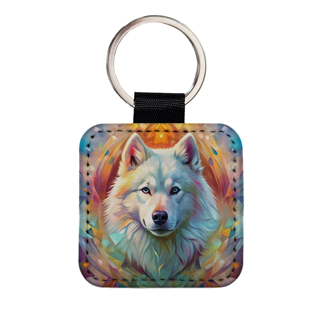 Samoyed Dog Abstract Art Square Faux Leather Keychain