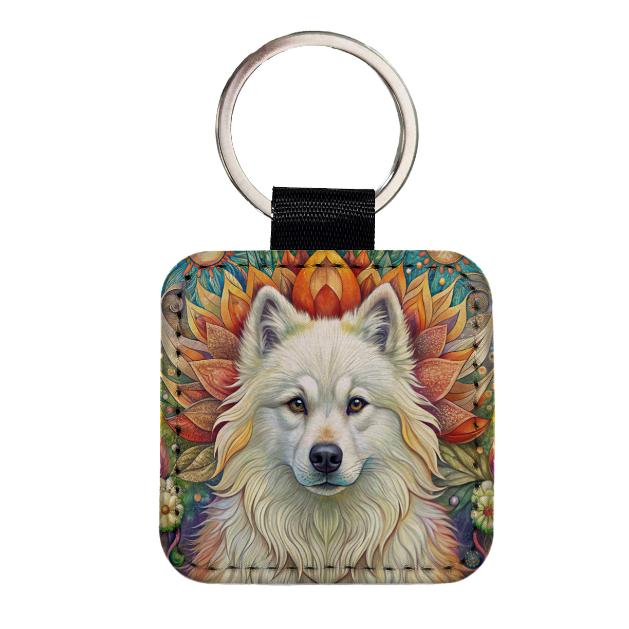 Samoyed Dog Bohemian Art Square Faux Leather Keychain