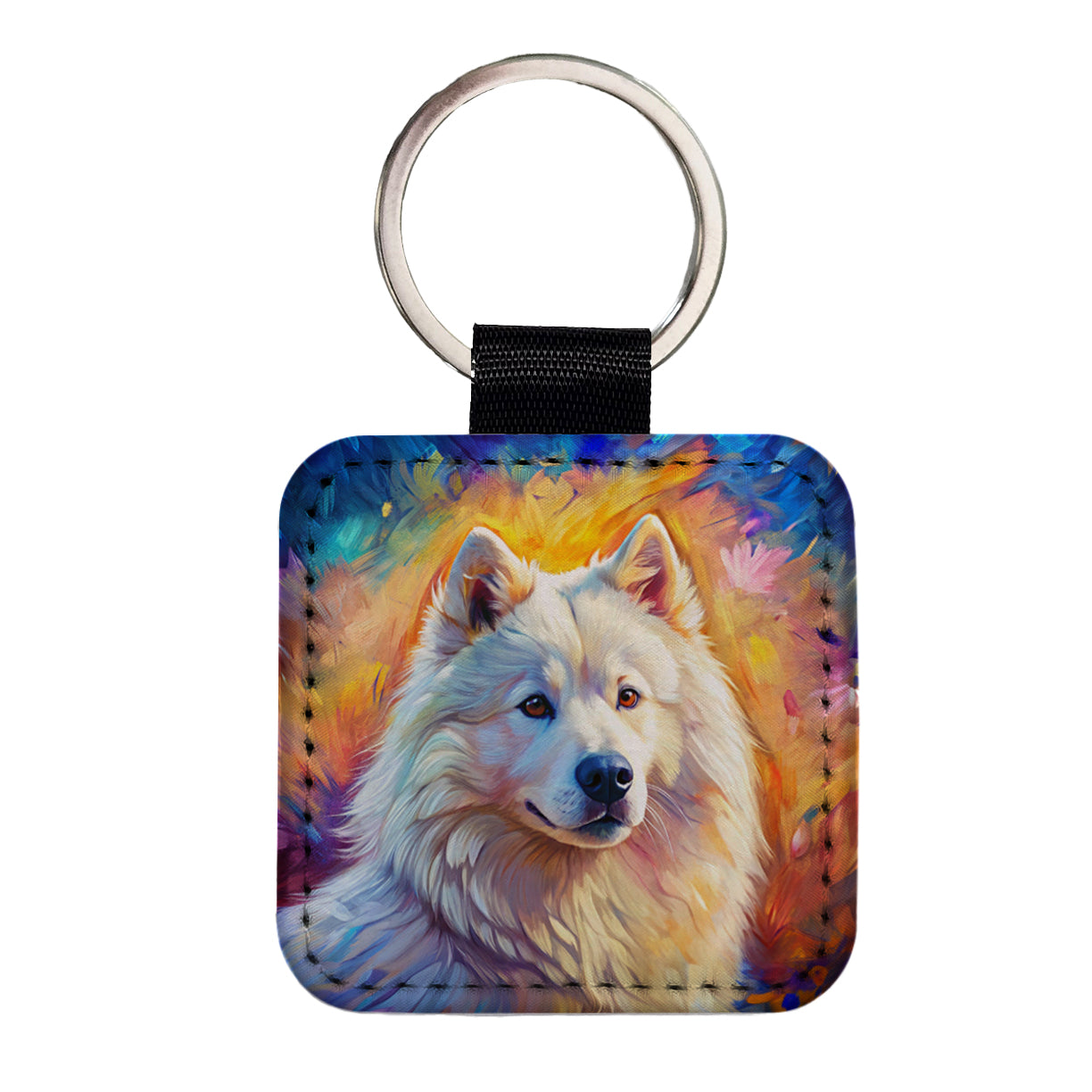 Samoyed Dog Expressionism Art Square Faux Leather Keychain