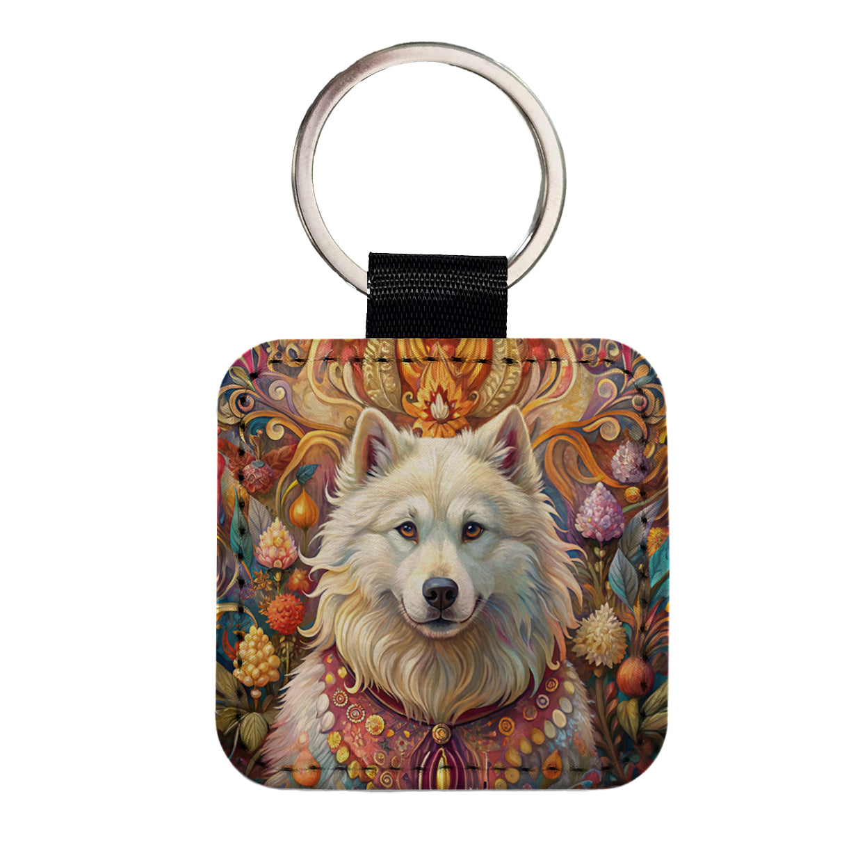 Samoyed Dog French Bohemian Art Square Faux Leather Keychain
