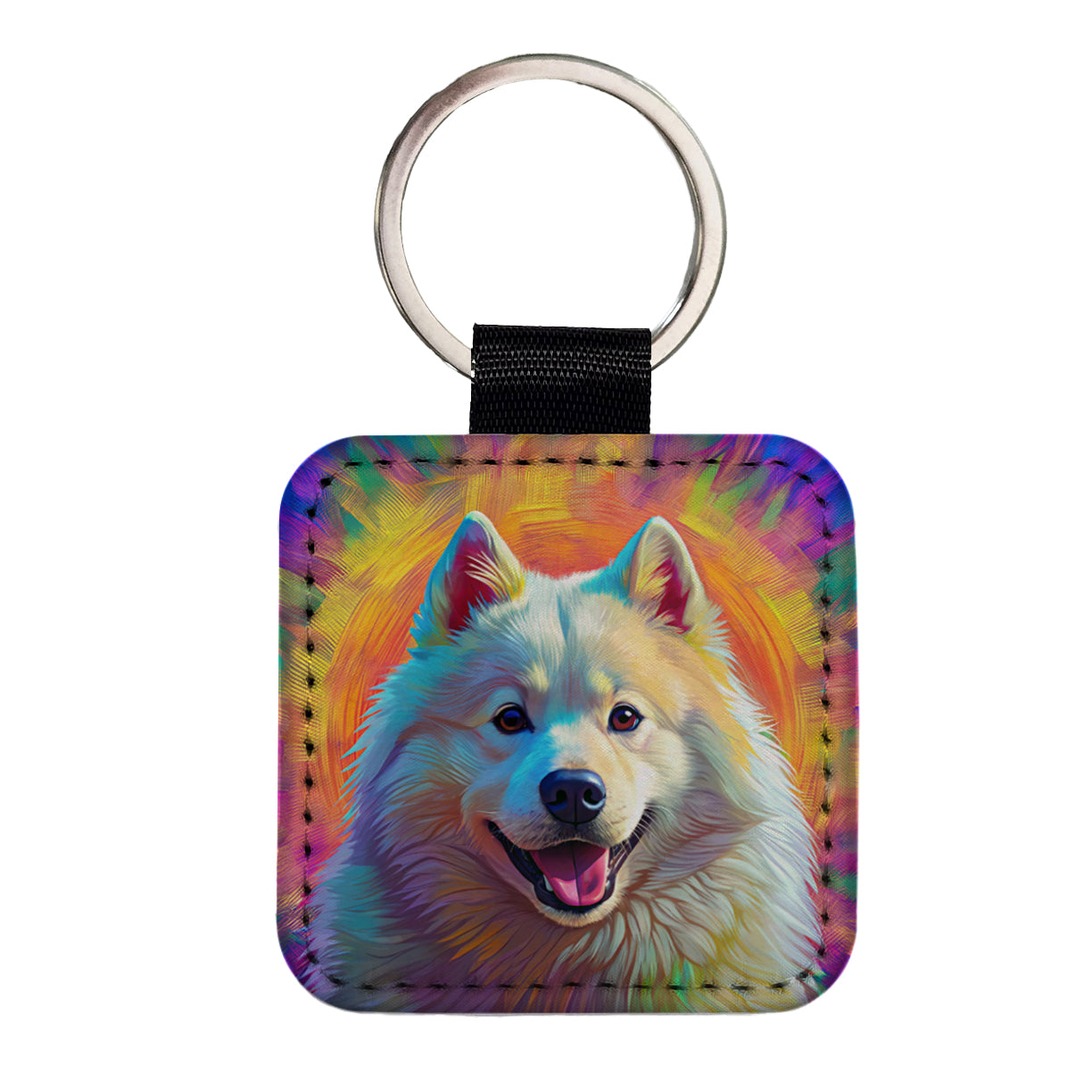 Samoyed Dog Pop Art Square Faux Leather Keychain
