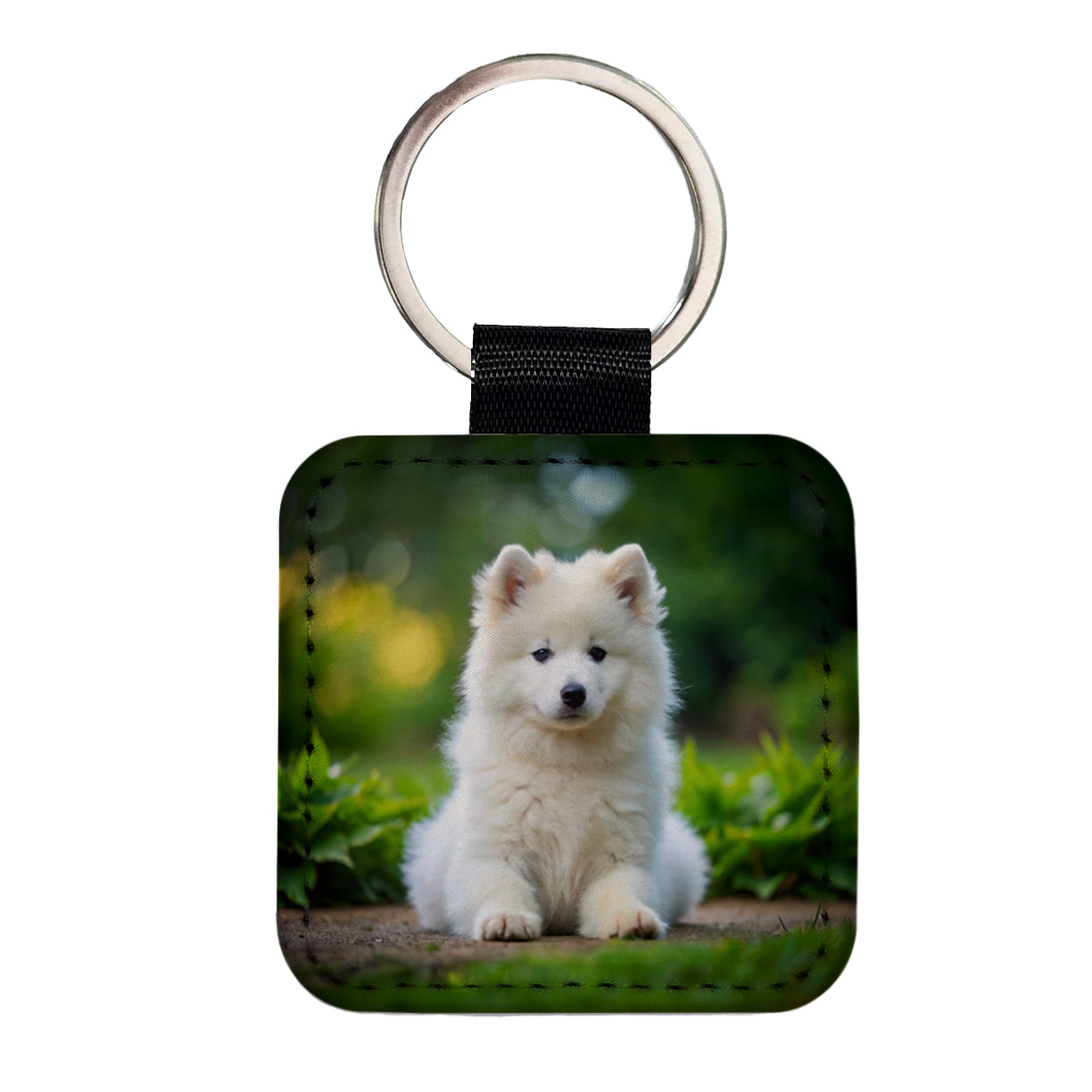 Samoyed Dog Puppy Photo Square Faux Leather Keychain