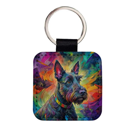 Scottish Terrier Dog Abstract Art Square Faux Leather Keychain