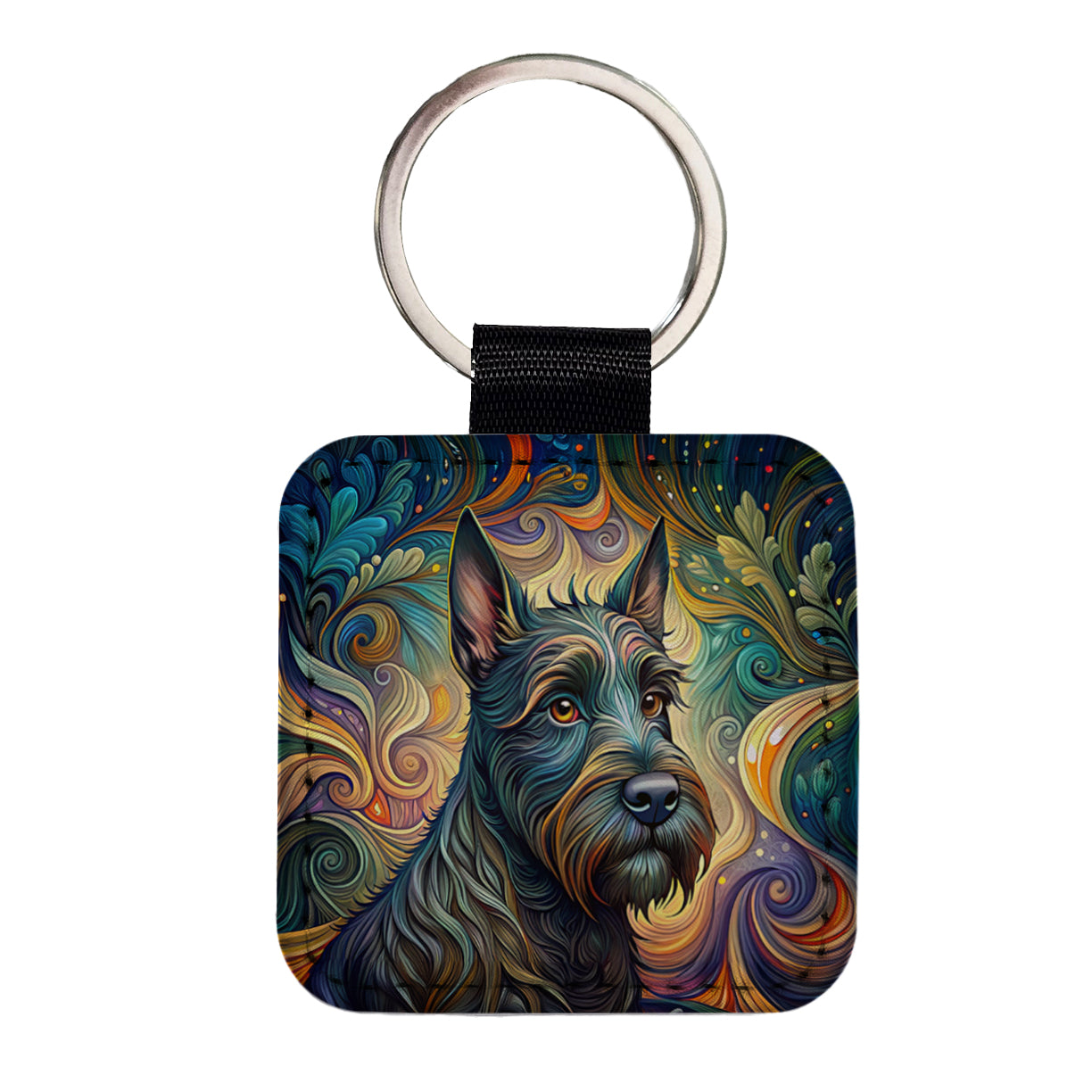 Scottish Terrier Dog Art Nouveau Square Faux Leather Keychain