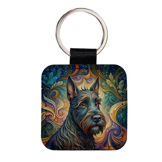 Scottish Terrier Dog Art Nouveau Square Faux Leather Keychain