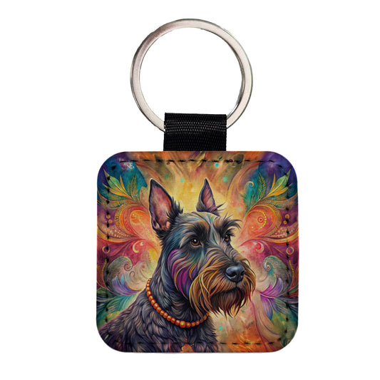 Scottish Terrier Dog Bohemian Art Square Faux Leather Keychain