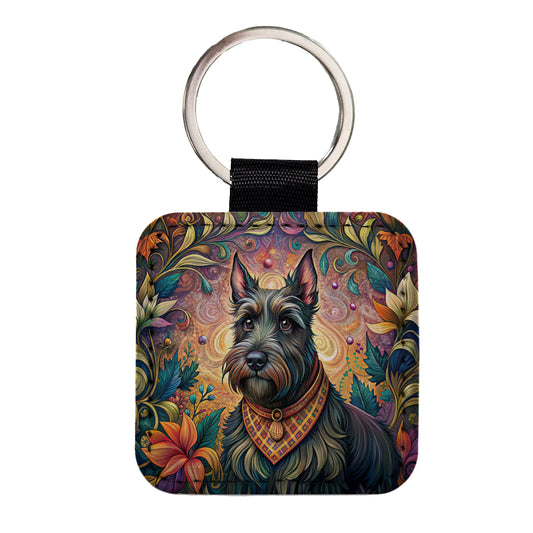 Scottish Terrier Dog French Bohemian Art Square Faux Leather Keychain