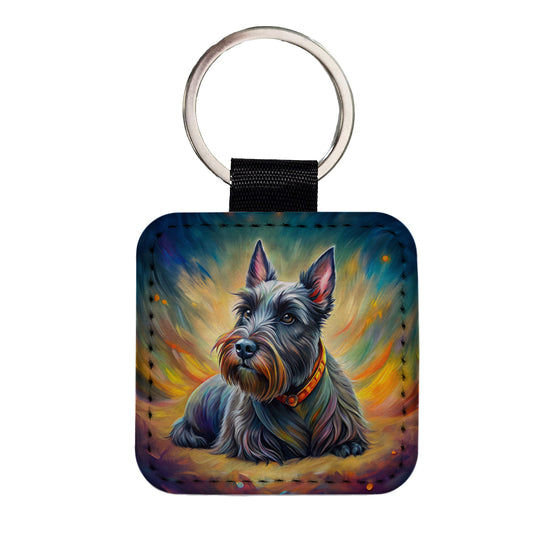 Scottish Terrier Dog Illustration Square Faux Leather Keychain