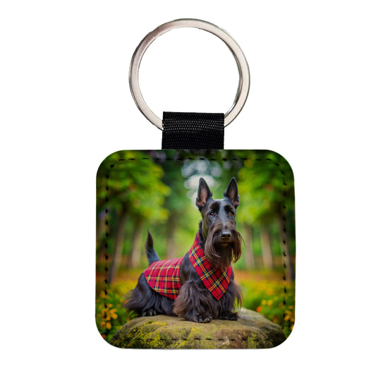Scottish Terrier Dog Photo Square Faux Leather Keychain