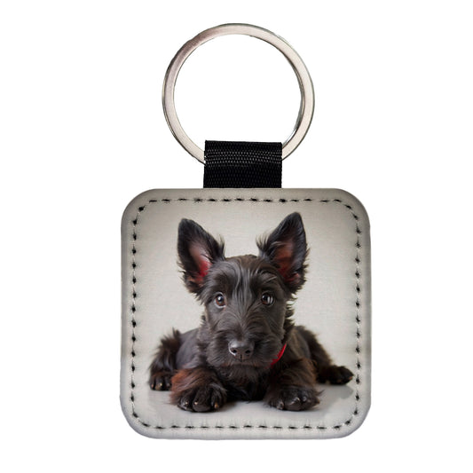 Scottish Terrier Dog Puppy Photo Square Faux Leather Keychain