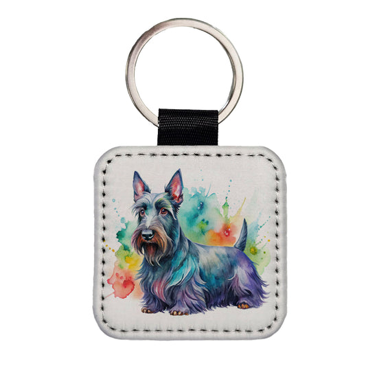 Scottish Terrier Dog Watercolor Style Square Faux Leather Keychain