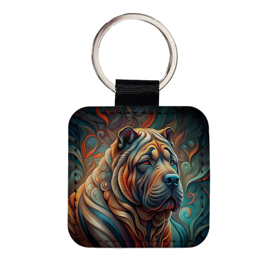 Shar Pei Dog Abstract Stylized Art Square Faux Leather Keychain