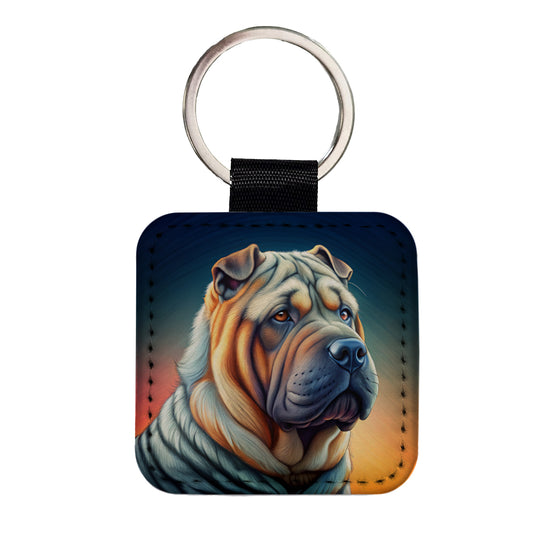 Shar Pei Dog Art Nouveau Square Faux Leather Keychain