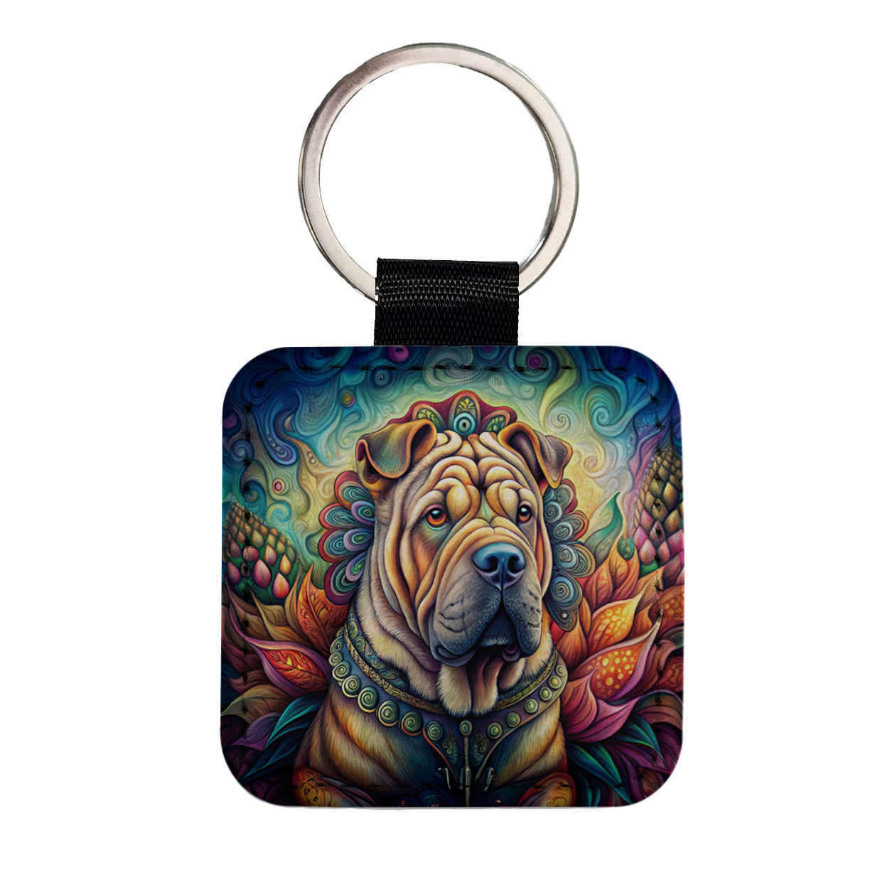 Shar Pei Dog Bohemian Art Square Faux Leather Keychain