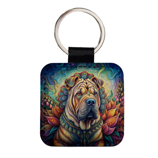 Shar Pei Dog Bohemian Art Square Faux Leather Keychain